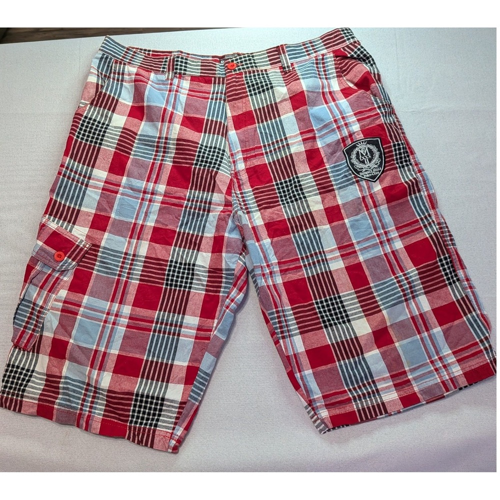 Beverly Hills Polo Club Shorts Mens 38 Red Black Plaid Patchwork Cotton